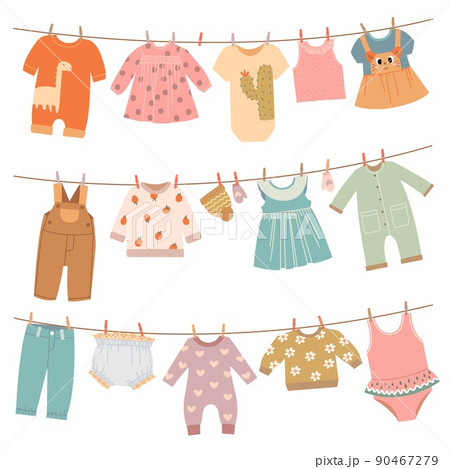 Clothes on ropes. Baby dress, infant cloth hang on rope. Cute children clothing after washing on clothesline, isolated pajamas, laundry apparel classy vector set Clothes on ropes. Baby dress, infant cloth hang on rope. Cute children clothing after washing on clothesline, isolated pajamas, laundry apparel classy vector set 90467279