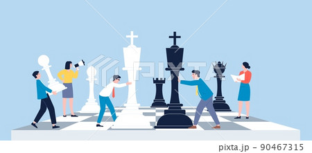 Chess game. Business strategic of leadership, management attack plan. People with figures on board, company work relationship. Competition recent vector metaphor 90467315