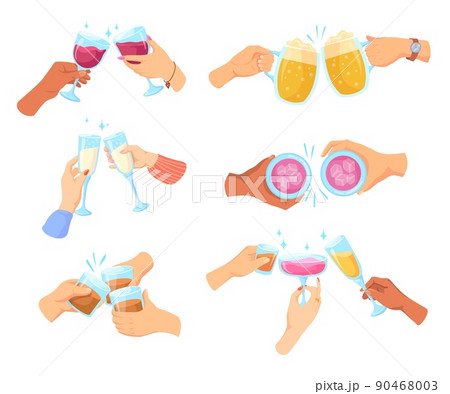 Hands cheers cup drinks. Company enjoying alcohol cocktail hand cup drink toast of cheerful friend picnic wine glass or champagne beer arms mug beverage, neat vector illustration 90468003