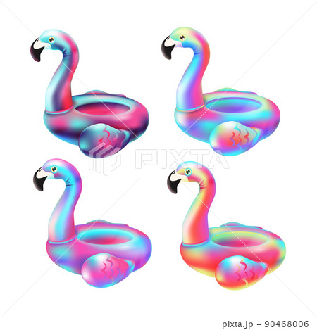 3d holographic flamingo. Render inflatable neon gradient toy, realistic summer swim tube beach animal object travel minimal wildlife holiday decor party, tidy vector illustration 90468006