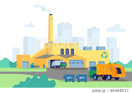 Waste factory building. Incineration and recycling of garbage process. Trash transportation and shipment. Environmental pollution. Rubbish utilization industrial plant. Vector concept 90468037