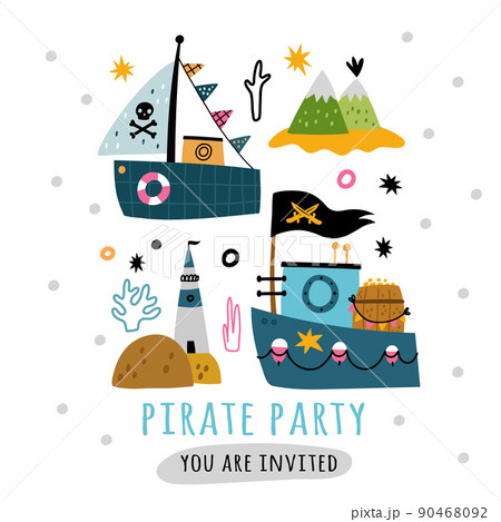 Cute pirate card. Filibusters boats and ocean islands. Funny kids sailors with marine elements. Sea journey. Ships and saber. Corsairs sailboats. Vector piracy party invitation postcard 90468092