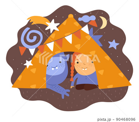 Children dreams. Little dreamer with fictional friends. Monster and kid play in tent. Bizarre alien creature. Girl and imaginary animal. Playful kid in teepee. Vector babies imagination 90468096