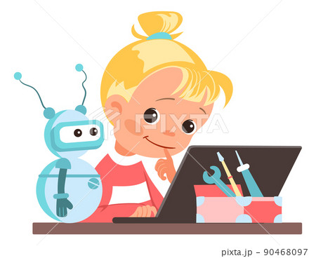 Children assemble robot. Girl with robotic toy and laptop. Smart kid programming android. Automatic electronic machine. Artificial intelligence. Vector educational scientific project 90468097