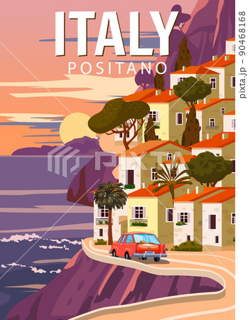 Retro Poster Italy, mediterranean romantic landscape, road, car, mountains, seaside town, sailboat, sea. Retro travel poster Retro Poster Italy, mediterranean romantic landscape, road, car, mountains, seaside town, sailboat, sea. Retro travel poster 90468168