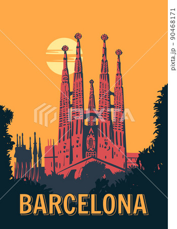 Barcelona VintageTravel Poster. Sagrada Familia Gaudi Basilica of Spain, sunset sky. Vector illustration Barcelona VintageTravel Poster. Sagrada Familia Gaudi Basilica of Spain, sunset sky. Vector illustration 90468171