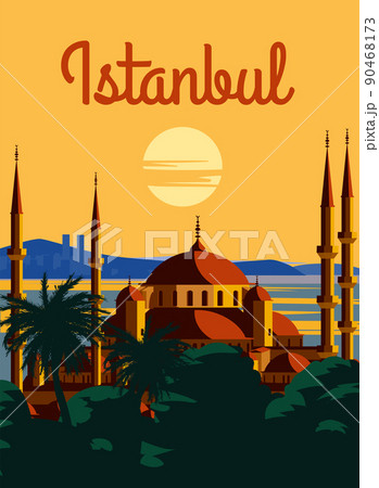 Istanbul retro poster, sunset city Turkey, Noble Hagia Sophia Grand Mosque. Vintage touristic postcard 90468173