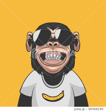 Vector Funny Smiling Chimpanzee Ape with Sunglasses and Banana on His T-shirt on Yellow Background. Happy Monkey for Wall Art, T-shirt Print, Poster. Cartoon Cute Chimp Monkey 90468290