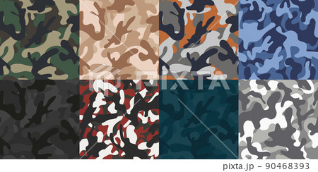 Vector Camo Seamless Texture Set. Military Camouflage Collection. Repeats Seamless Army, Hunting Green, Brown, Blue, Black, White Pattern Vector Camo Seamless Texture Set. Military Camouflage Collection. Repeats Seamless Army, Hunting Green, Brown, Blue, Black, White Pattern 90468393