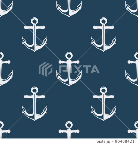 Vector Seamless Pattern with Hand drawn Anchor. Design Template for Textile, Apparel, Wallpapers. White Anchor on Blue. Antique Vintage Marine Anchors 90468421