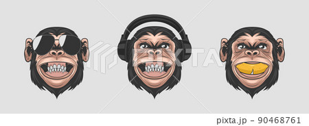Dont See Dont Hear Dont Speak. Vector Smiling Chimpanzee Ape with Sunglasses, Headphones, Banana, Typography Quote. Funny Monkey Head for Wall Art, T-shirt Print, Poster. Cartoon Cute Chimp Monkey 90468761