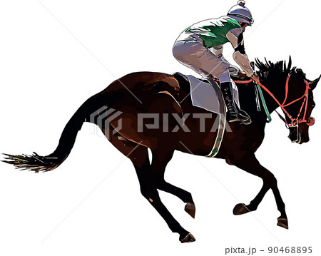 Racehorse with jockey at races. Isolated on a white background Racehorse with jockey at races. Isolated on a white background 90468895