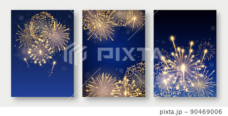Three posters with fireworks bursting in various shapes. Firework explosion in night. Firecracker rockets bursting in sparkling star balls 90469006