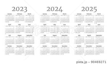 Set of monochrome monthly calendar templates for 2023, 2024, 2025 years 90469271
