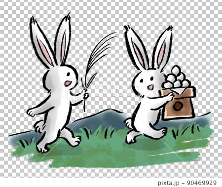 月見団子とススキを持って原っぱを走る2匹のうさぎのイラスト(キャラのみ) 月見団子とススキを持って原っぱを走る2匹のうさぎのイラスト(キャラのみ) 90469929