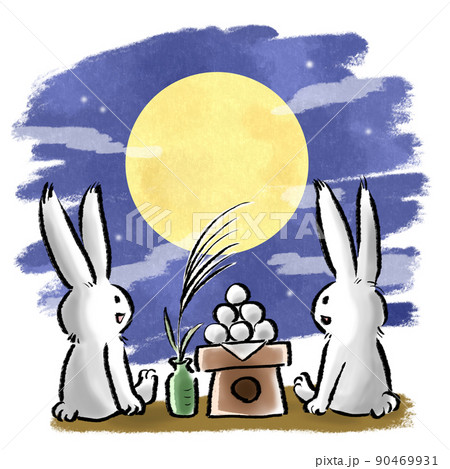 お月見をする2羽のうさぎのイラスト（夜空背景あり）のイラスト素材