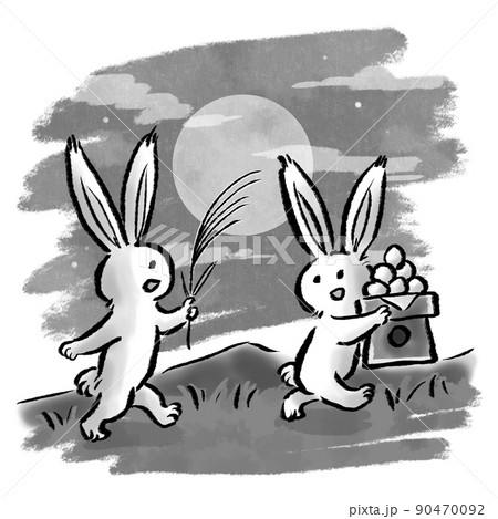 月見団子とススキを持って原っぱを走る2匹のうさぎのイラスト 夜空背景あり モノクロ のイラスト素材