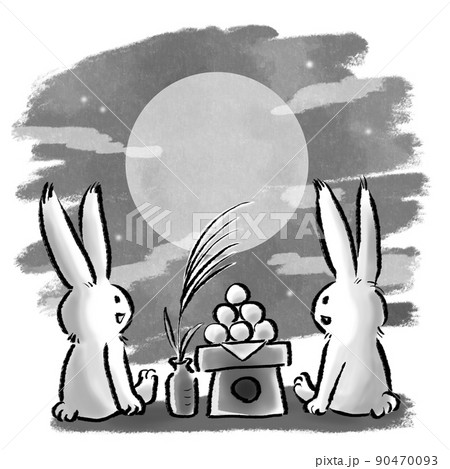 お月見をする2羽のうさぎのイラスト 夜空背景あり モノクロ のイラスト素材