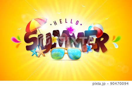 Summer Holiday Banner Design with 3d Lettering and Colorful Beach Elements on Sun Yellow Background. Flower, Tropical Plants and Sunshine for Flyer, Invitation, Brochure, Poster or Greeting Card. Summer Holiday Banner Design with 3d Lettering and Colorful Beach Elements on Sun Yellow Background. Flower, Tropical Plants and Sunshine for Flyer, Invitation, Brochure, Poster or Greeting Card. 90470094