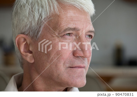 Closeup sad thoughtful silver haired elderly man pensioner look aside Closeup sad thoughtful silver haired elderly man pensioner look aside 90470831
