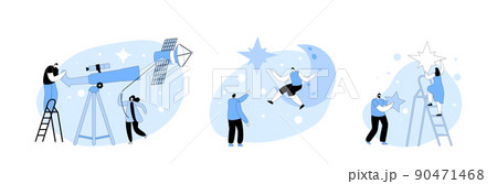 Set Astronomy Science Studying, Characters Looking on Space in Telescope, Woman Pull Sputnik as Kite, Cosmos Exploration 90471468