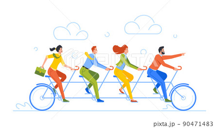 Business Team Riding Tandem Bicycle. Business Men and Women on Bike, Concept of Teamwork Cooperation, Leadership 90471483