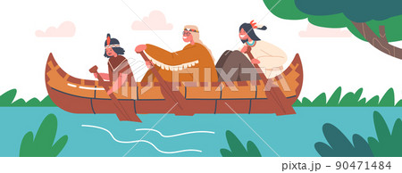Native Indian American Kids Canoeing, Children Sit in Wooden Canoe Rowing with Paddles, Indigenous Characters on Kayak 90471484