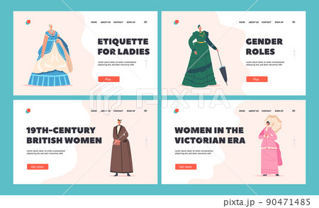 19th Century European Ladies Landing Page Template Set. Victorian Women Wear Elegant Gowns, Hats and Accessories 90471485