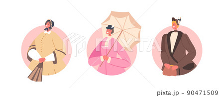 Set 19th Century Ladies Avatars, Isolated Round Icons. Beautiful Victorian Women Wear Elegant Gowns, Hats or Accessories 90471509