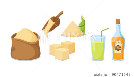 Set of Cane Sugar Production and Equipment, Sack, Scoop with Sugar Sand and Cubes, Rum in Bottle and Lemonade in Cup 90471545