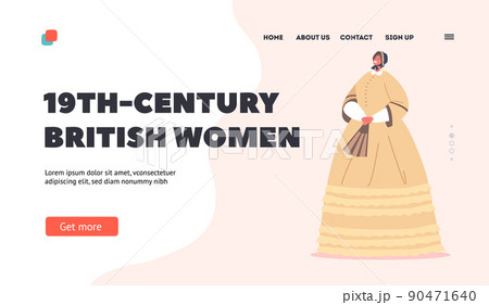 19th Century British Woman Landing Page Template. Elegant Victorian Lady Wear Vintage Gown and Hat Hold Fan in Hands 90471640