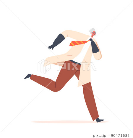 Crazy Professor Wear Lab Coat and Rubber Gloves Run Isolated on White Background. Nuts Doctor Character, Old Scientist 90471682