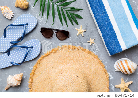 Summer vacation concept flat lay. beach accessories and towel top view. Space for text. travel concept Summer vacation concept flat lay. beach accessories and towel top view. Space for text. travel concept 90471714