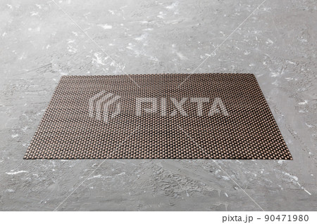 Perspective view of grey tablecloth for food on cement background. Empty space for your design Perspective view of grey tablecloth for food on cement background. Empty space for your design 90471980