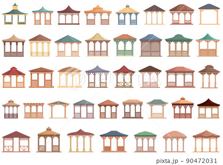 Pergola icons set cartoon vector. Gazebo park. Architecture wooden Pergola icons set cartoon vector. Gazebo park. Architecture wooden 90472031