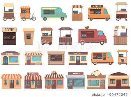 Street coffee icons set cartoon vector. Car van. Street truck 90472045