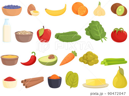 Ayurvedic diet icons set cartoon vector. Food eating. Holistic cooking 90472047