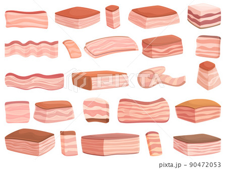 Pork lard icons set cartoon vector. Bacon meat. Beef belly Pork lard icons set cartoon vector. Bacon meat. Beef belly 90472053