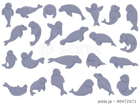 Dugong icons set cartoon vector. Water animal. Aquatic character 90472071