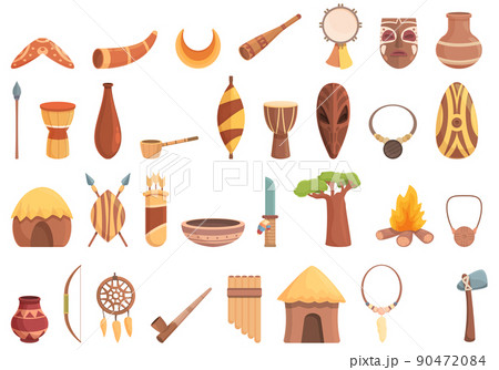Aborigin icons set cartoon vector. Cultural africa. Totem tribe Aborigin icons set cartoon vector. Cultural africa. Totem tribe 90472084