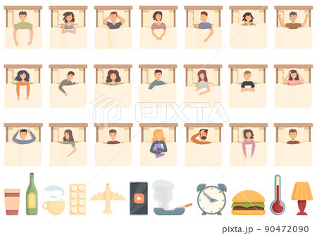 Insomnia icons set cartoon vector. Coffee man. Causes stress 90472090