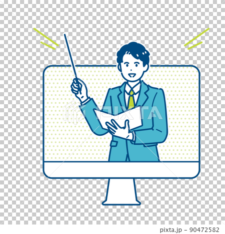 オンラインで説明するスーツ姿の男性のイラスト素材 90472582