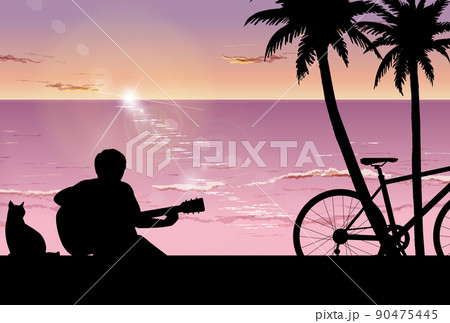 夕暮れの海でギターを弾く人のシルエット 夕暮れの海でギターを弾く人のシルエット 90475445
