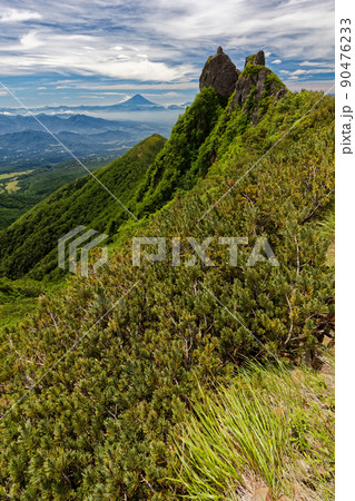 八ヶ岳連峰・権現岳の岩峰と富士山 90476233