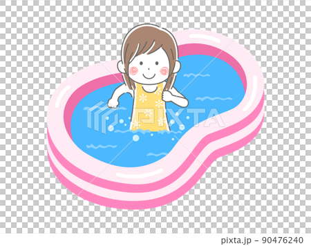 Illustration of a girl in a swimsuit playing in a home vinyl pool 90476240