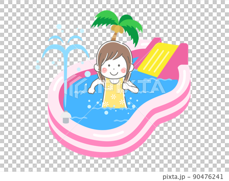 Illustration of a girl in a swimsuit, for children at home, playing in a vinyl pool with slides 90476241