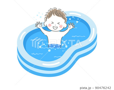 家庭用のビニールプールで遊ぶ、水着の男の子のイラスト 90476242