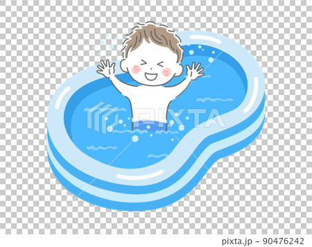 家庭用のビニールプールで遊ぶ、水着の男の子のイラスト 90476242
