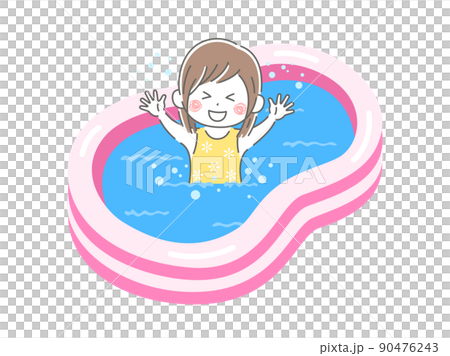 一個穿著泳裝的女孩在家庭乙烯基游泳池中玩耍的插圖 90476243