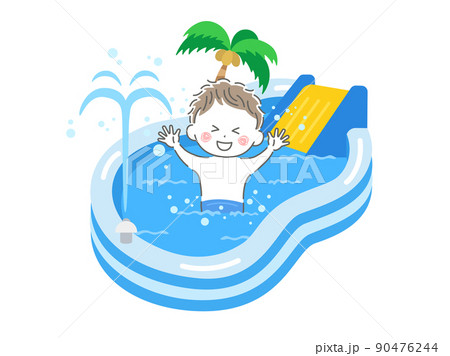 家庭用の子供用、滑り台付きビニールプールで遊ぶ、水着の男の子のイラスト 90476244